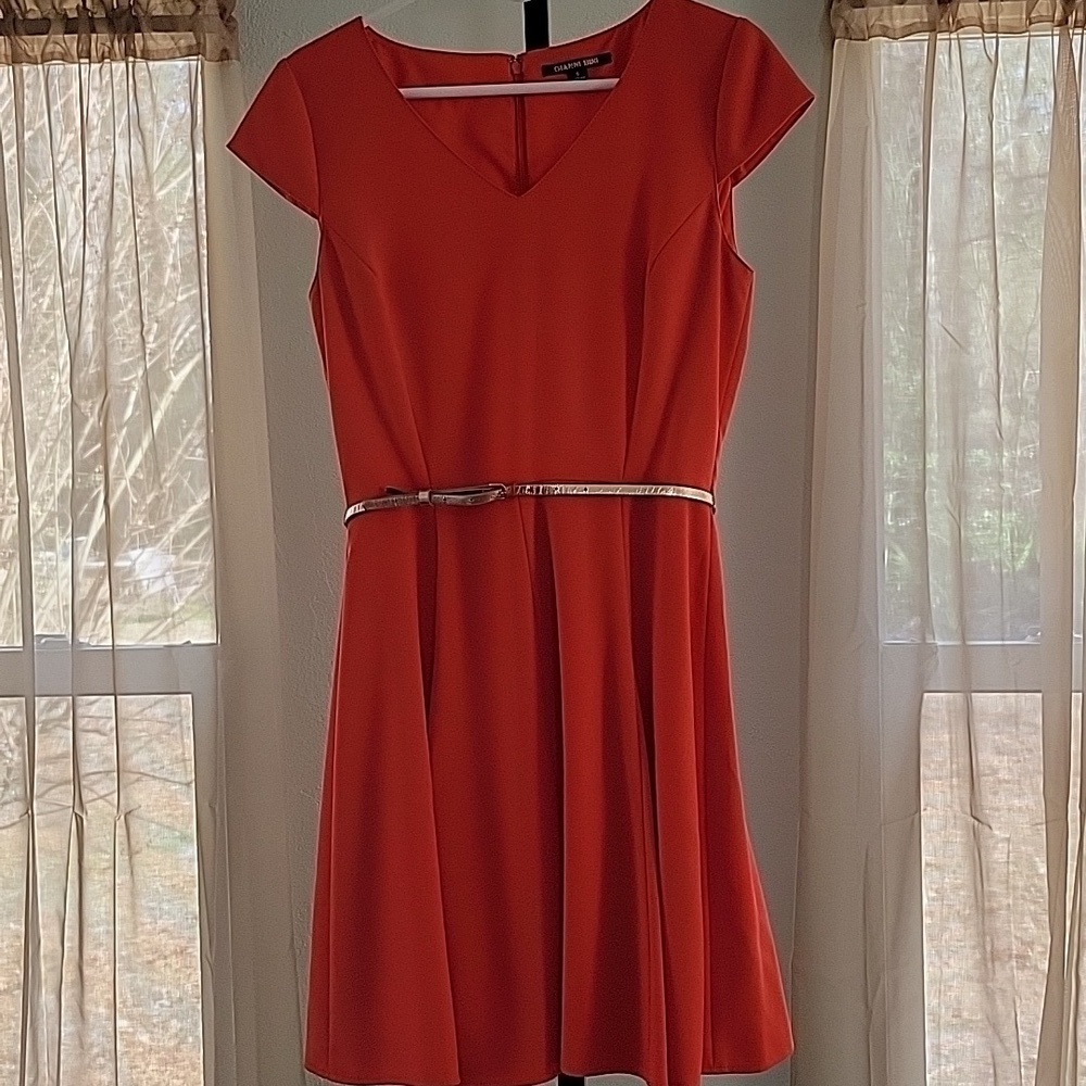Gianni Bini Orange Fit & Flare Dress Gold Belt Cap Sleeve Size 6 - Picture 2 of 16